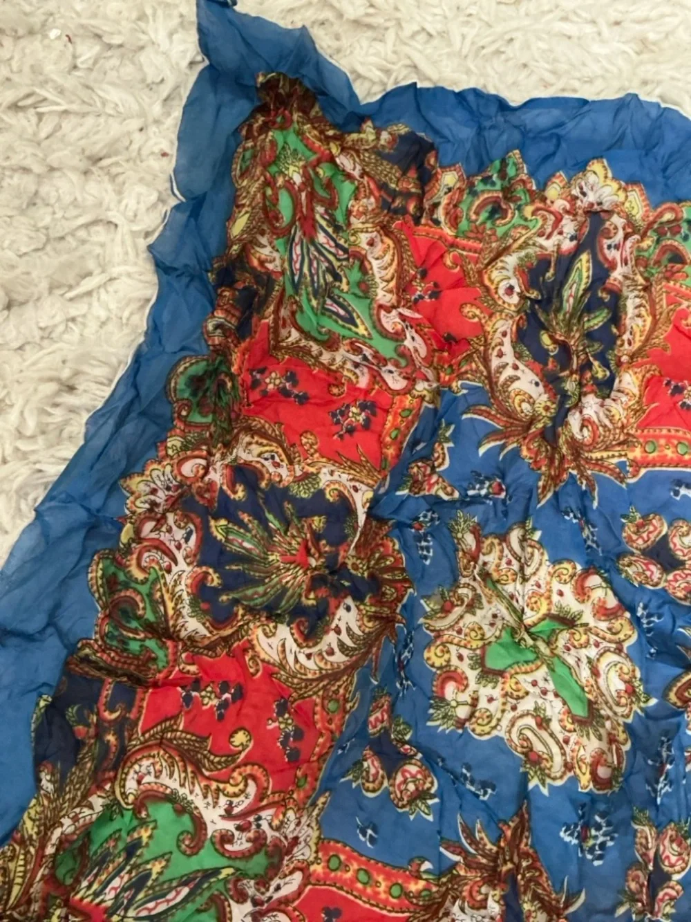 VINTAGE Bright Blue Red Multicolored Print Scarf